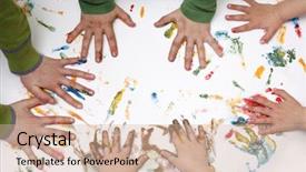  Presentation with hand print - Slide deck consisting of colorful children hand print background and a soft green colored foreground