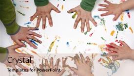  Presentation with hand print - Beautiful presentation theme featuring colorful children hand print backdrop and a coral colored foreground