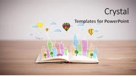  Presentation with open book - Slide deck enhanced with colorful cityscape drawing on open background and a light gray colored foreground