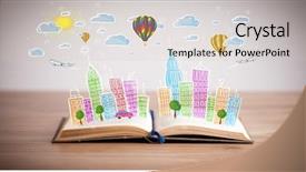  Presentation with cityscape - PPT theme having colorful cityscape drawing on open background and a soft green colored foreground