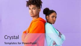  Presentation with african violet - Amazing PPT theme having photo of displeased african american couple in colorful clothes standing back to back isolated over violet background backdrop and a light blue colored foreground