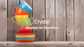  Presentation with design rustic wood wall texture - PPT layouts with colorful coffee cups on shelf background and a coral colored foreground