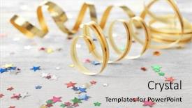  Presentation with streamer - Slide set featuring colorful confetti and streamer on wooden background background and a light gray colored foreground