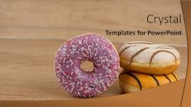  Presentation with old wooden table food - PPT theme enhanced with colorful-donuts-or-doughnut background and a coral colored foreground