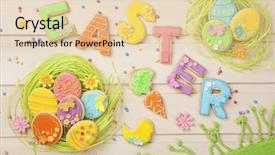  Presentation with cookies - PPT theme with colorful easter cookies on a wooden background background and a lemonade colored foreground