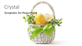  Presentation with easter basket - Presentation theme enhanced with colorful easter eggs and spring flowers in basket isolated on white background background and a white colored foreground