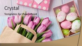  Presentation with tulip - Beautiful slide deck featuring colorful easter eggs and tulip backdrop and a  colored foreground