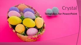  Presentation with easter basket - Presentation theme enhanced with colorful-easter-eggs-inside-basket background and a coral colored foreground