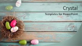  Presentation with easter - Theme with colorful easter eggs on wooden background and a lemonade colored foreground