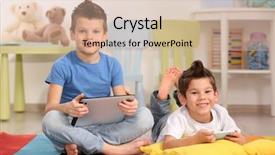  Presentation with floor - Cool new PPT theme with colorful family - cute little brothers using gadgets backdrop and a  colored foreground