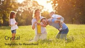  Presentation with pink and green nature - Presentation theme with colorful family - father piggyback young boy background and a yellow colored foreground