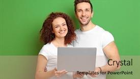  Presentation with young happy couple - Colorful presentation design enhanced with colorful family - happy young couple with laptop backdrop and a  colored foreground