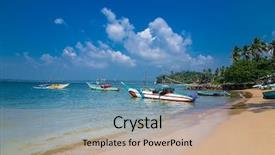  Presentation with sri lanka - PPT theme consisting of colorful fisheries boats on beach background and a mint green colored foreground