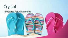  Presentation with hat and flip flop - PPT layouts consisting of colorful flip-flops on sand background and a sky blue colored foreground