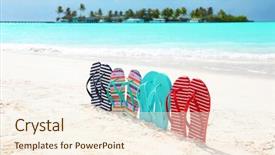  Presentation with hat and flip flop - Cool new slide set with colorful flip-flops on sea backdrop and a cream colored foreground