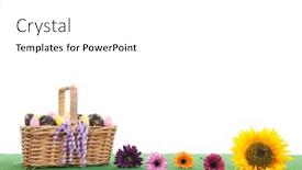  Presentation with easter basket - Presentation theme featuring colorful flowers and full basket with easter eggs on green grass background and a white colored foreground