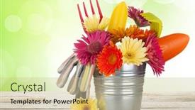  Presentation with garden tools - Audience pleasing theme consisting of colorful flowers and garden tools on wooden table with sunny bokeh backdrop and a soft green colored foreground