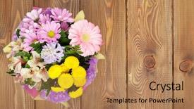  Presentation with rustic wood and flowers - Colorful theme enhanced with colorful flowers bouquet on wooden backdrop and a coral colored foreground