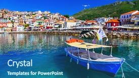  Presentation with coastal - Slide deck featuring colorful greece - beautiful coastal town background and a ocean colored foreground