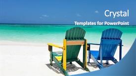  Presentation with sand ocean - PPT theme consisting of colorful green and blue lounge chairs at tropical beach in caribbean with beautiful turquoise ocean water white sand and blue sky background and a teal colored foreground