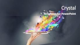  Presentation with hold hand - Presentation design having colorful hands - hand hold silver tray background and a dark gray colored foreground