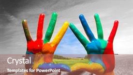  Presentation with colorful hands - Amazing presentation theme having colorful happy life conceptual backdrop and a coral colored foreground