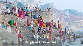  Presentation with varanasi - Slide set having colorful-hindu-people-bathing background and a gray colored foreground