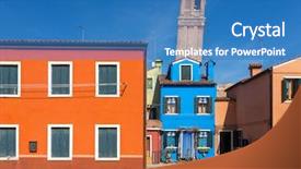  Presentation with gingerbread house decorated colorful candies - Presentation design having colorful houses in burano venice background and a teal colored foreground