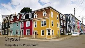  Presentation with newfoundland - Amazing PPT theme having colorful houses on street corner backdrop and a yellow colored foreground
