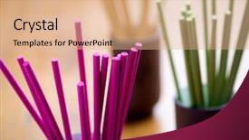  Presentation with incense sticks - Presentation theme having colorful incense sticks on brown wooden table background and a coral colored foreground