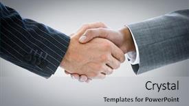  Presentation with shaking hands - Beautiful slide set featuring colorful introduction team - business people shaking hands backdrop and a light gray colored foreground