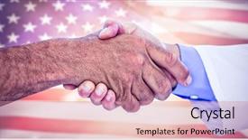  Presentation with business team join hands white - PPT theme with colorful introduction team - business people shaking hands background and a coral colored foreground