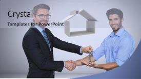  Presentation with house key - Amazing slide set having colorful introduction team - men holding key with house backdrop and a light blue colored foreground