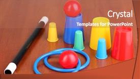  Presentation with magician - Cool new PPT theme with colorful juggle balls - magician set on wooden background backdrop and a  colored foreground