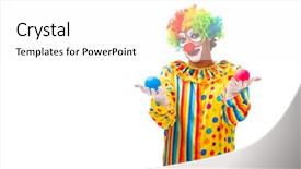  Presentation with blank whiteboard isolated on white - Amazing slide deck having colorful juggle balls - male clown isolated on white backdrop and a white colored foreground