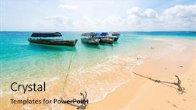  Presentation with water ocean - Theme featuring colorful landscape with boats in clear turquoise ocean water anchored on a shore background and a lemonade colored foreground