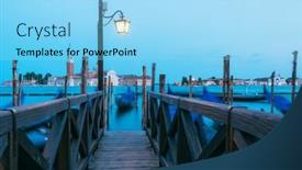  Presentation with church blue - Slide deck consisting of colorful landscape with wooden pier and street lantern on piazza san marco in venice blue gondolas parked in a row church of san giorgio maggiore on background italy europe background and a light blue colored foreground