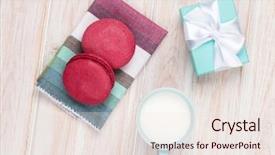  Presentation with white milk - Audience pleasing slide deck consisting of colorful macarons cup of milk and gift box on white wooden table backdrop and a sky blue colored foreground