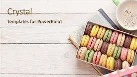 Presentation with text box - Presentation design with colorful macaroons and coffee background and a sky blue colored foreground