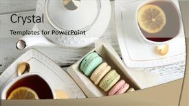  Presentation with tea cup - Beautiful slide deck featuring colorful macaroons with teapot backdrop and a light gray colored foreground