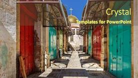  Presentation with city church - Audience pleasing theme consisting of colorful-metal-doors backdrop and a tawny brown colored foreground