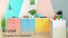  Presentation with kitchen - Presentation theme having colorful modern kitchen interior background and a coral colored foreground
