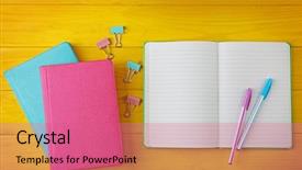  Presentation with notebook - Slide set enhanced with colorful notebooks on wooden background background and a coral colored foreground