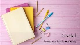  Presentation with wooden - Presentation theme consisting of colorful notebooks on wooden background background and a soft green colored foreground