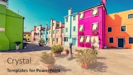  Presentation with venice - PPT theme featuring colorful-painted-houses-on-burano background and a coral colored foreground