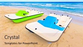  Presentation with beautiful skin and beach - PPT theme with colorful pedalos on a beautiful tropical beach background and a coral colored foreground