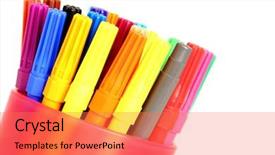  Presentation with pen - Audience pleasing presentation theme consisting of colorful pen in a holder isolated on white background from corner backdrop and a coral colored foreground