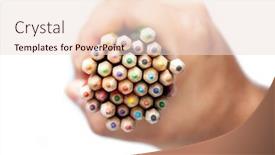  Presentation with pencils - Beautiful PPT layouts featuring colorful pencils aligned in a bunch on gray white background caucasian hand backdrop and a lemonade colored foreground