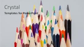  Presentation with pencils - Colorful presentation theme enhanced with colorful pencils aligned in a bunch on gray white background backdrop and a light gray colored foreground