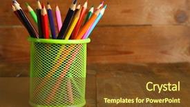  Presentation with wood rustic urban furniture - Slide deck with colorful pencils in metal holder background and a tawny brown colored foreground